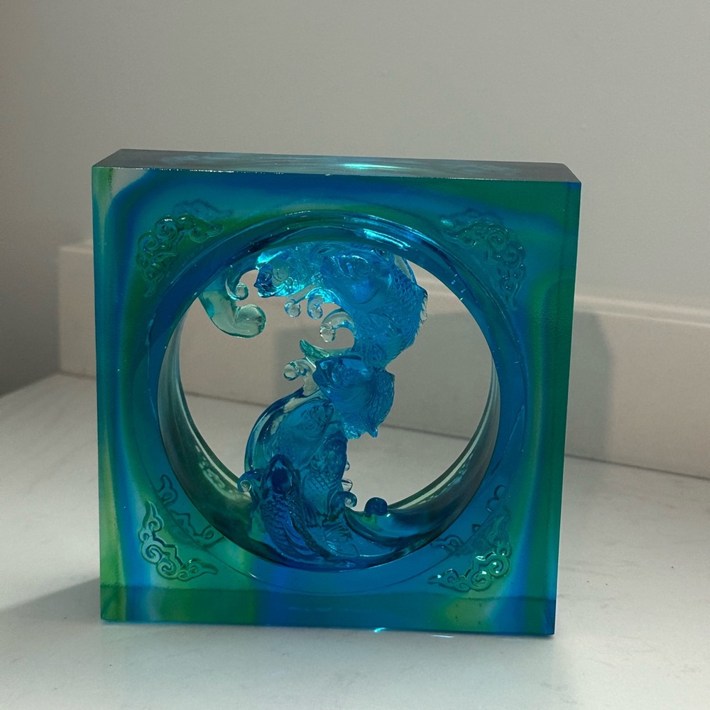 TITTOT blue/green tone chinese art glass fish sculpture "voyage of happiness"